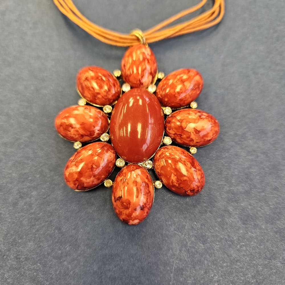 Multi Strand Short Necklace Large Reddish Orange Flower